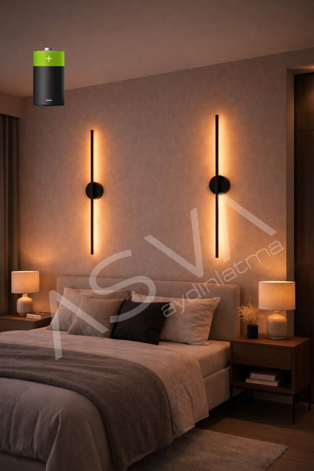 2 Li 70 cm Ortadan Taslı Pilli Aplik Amber Led Siyah Kasa Pil Dahil, Dekoratif Duvar Lambası