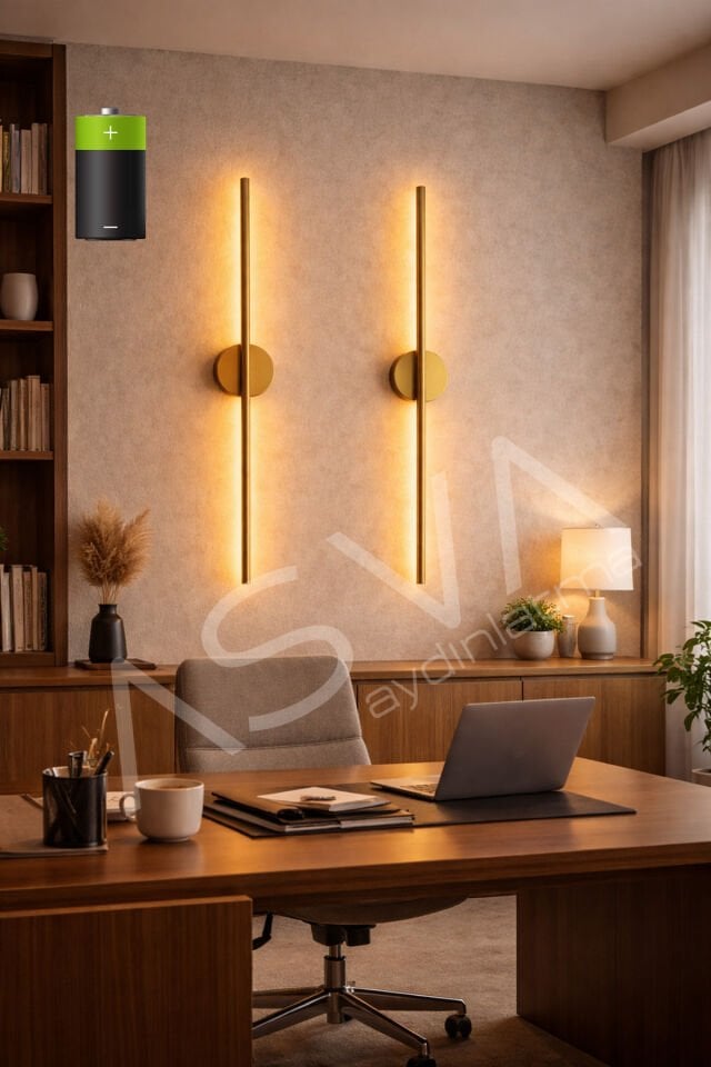 2 Li 70 cm Ortadan Taslı Pilli Aplik Amber Led Siyah Kasa Pil Dahil, Dekoratif Duvar Lambası