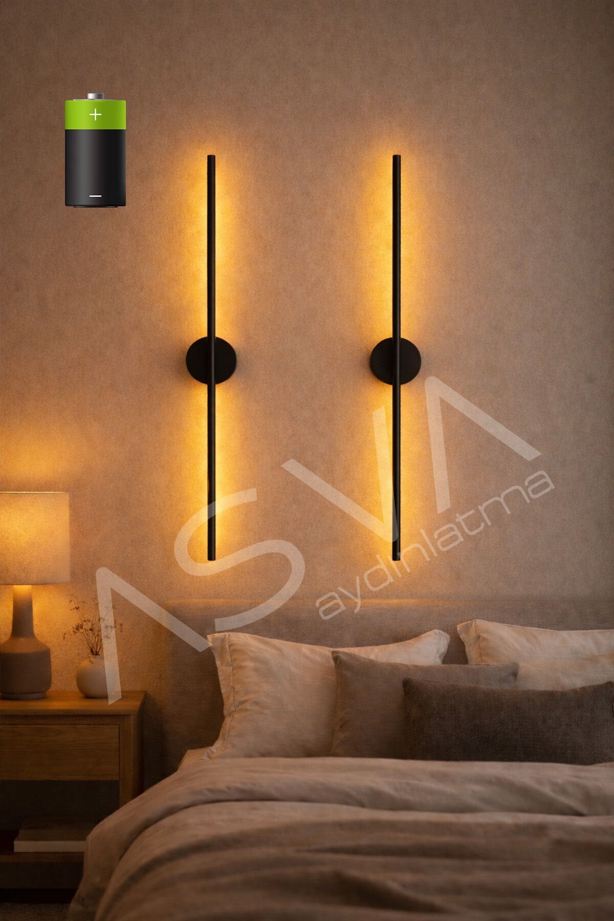 2 Li 70 cm Ortadan Taslı Pilli Aplik Amber Led Siyah Kasa Pil Dahil, Dekoratif Duvar Lambası