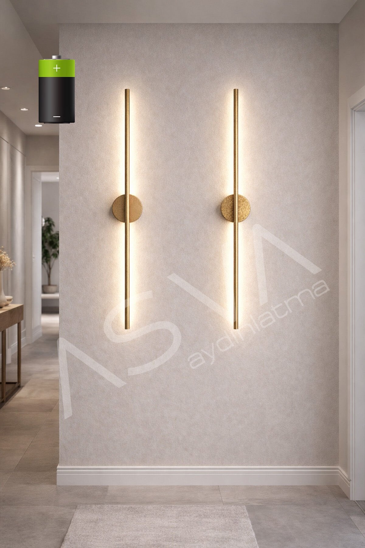 2 Li 70 cm Eskitme Gold Kasa Ortadan Taslı Pilli Aplik Beyaz Led Pil Dahil, Dekoratif Duvar Lambası