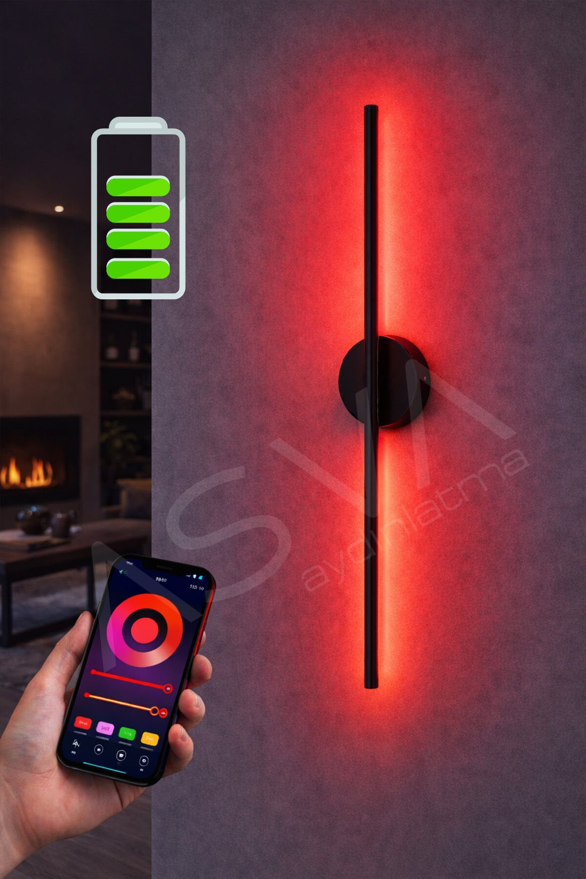 Telefon Kontrollü Şarjlı RGB LED Duvar Apliği Siyah Modern Renk Değiştiren Dekoratif Aydınlatma