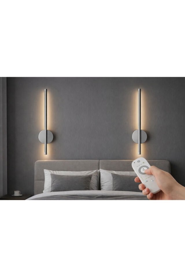 2 Li 68 cm Şarjlı Kumandalı Aplik Günışığı Led Krom Kasa Pil Dahil, Dekoratif Duvar Lambası