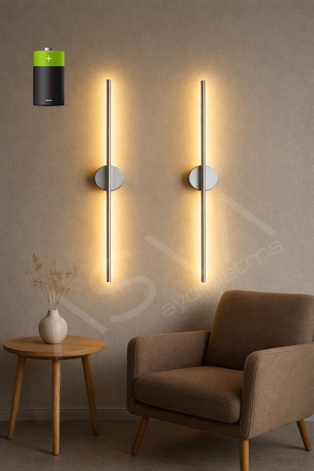 2 Li 70 cm Ortadan Taslı Pilli Aplik Günışığı Led Krom Kasa Pil Dahil, Dekoratif Duvar Lambası