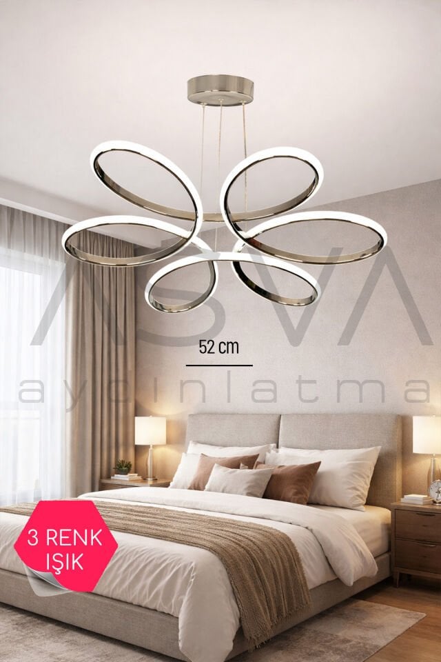 Krom Papatya LED Avize 52 cm 30 m² Süper Aydınlatma Modern Salon LED Avize