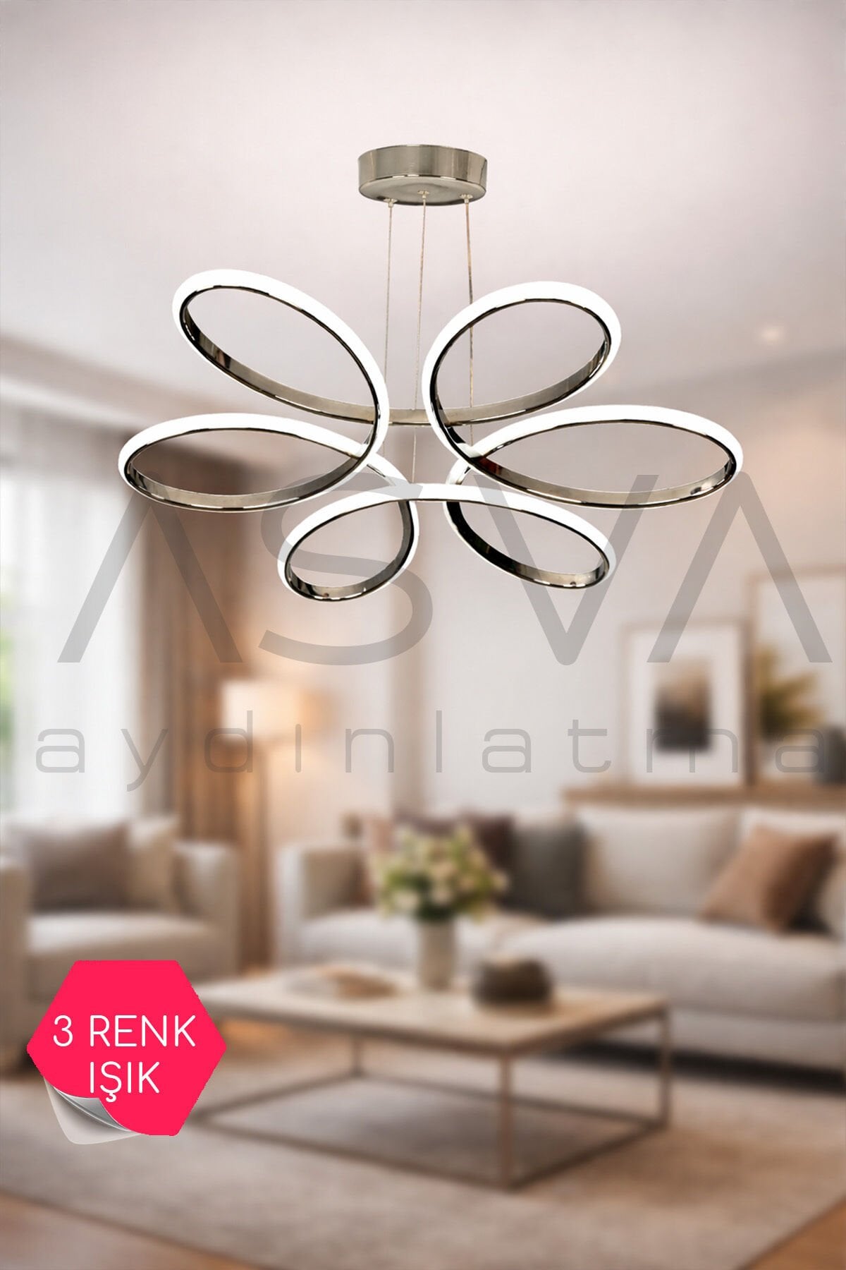 Krom Papatya LED Avize 52 cm 30 m² Süper Aydınlatma Modern Salon LED Avize
