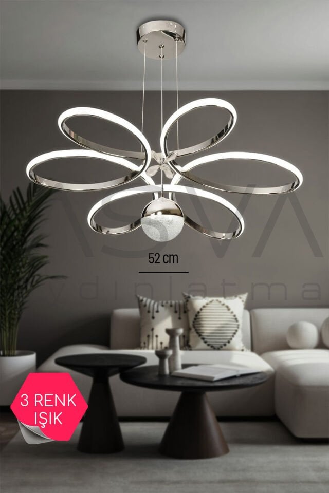 Krom Toplu Papatya LED Avize 52 cm 30 m² Süper Aydınlatma Modern Salon LED Avize