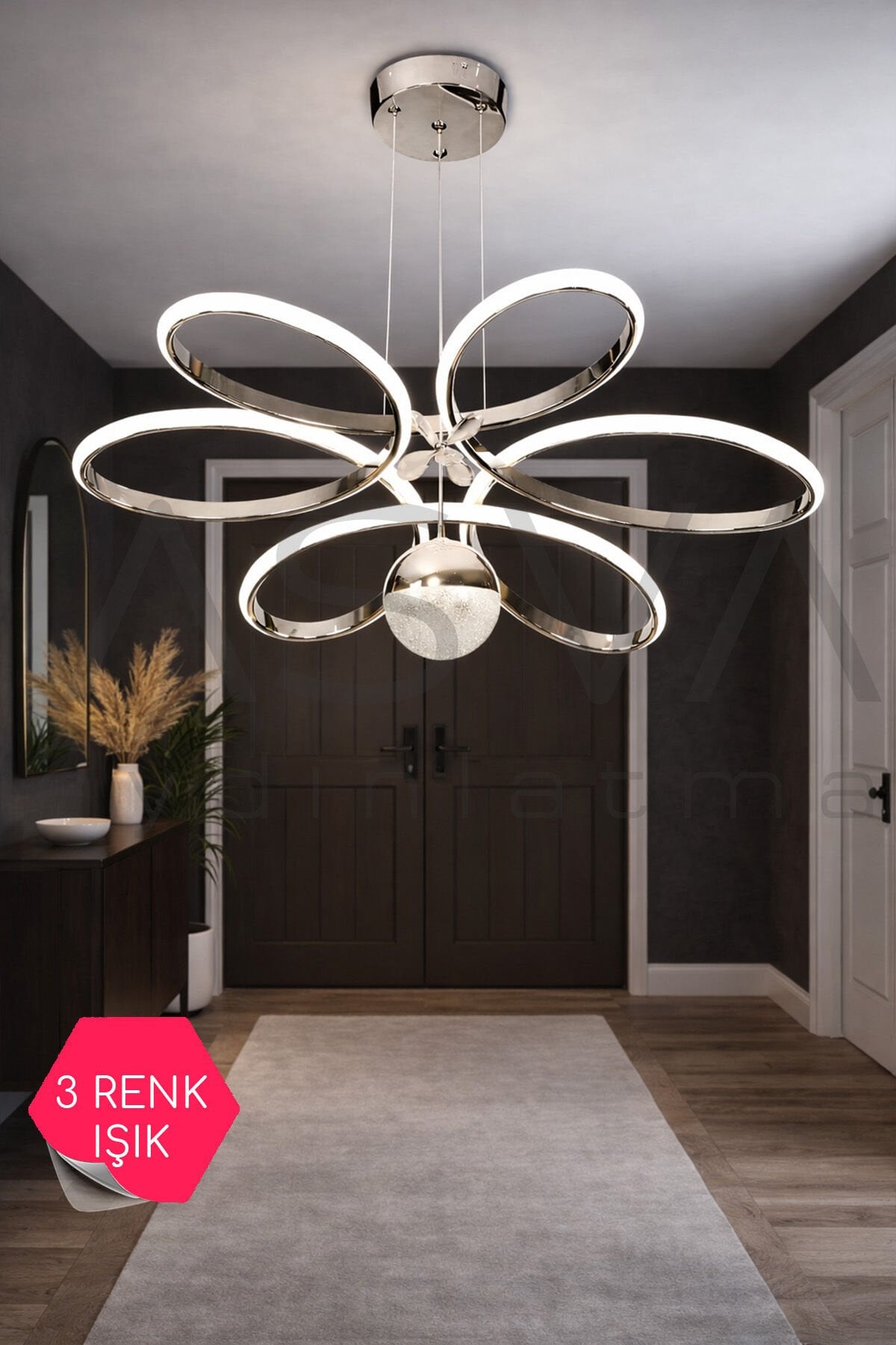 Krom Toplu Papatya LED Avize 52 cm 30 m² Süper Aydınlatma Modern Salon LED Avize