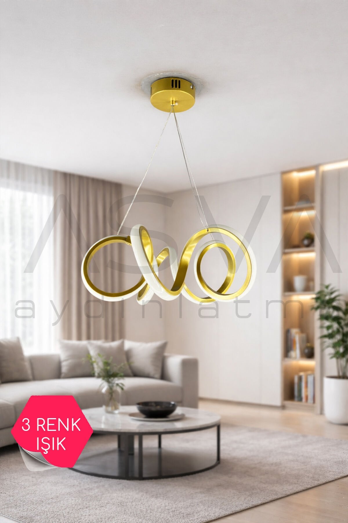 Modern Salon LED Avizesi Eskitme Gold Üç Renk Işık Dekoratif Halka Avize