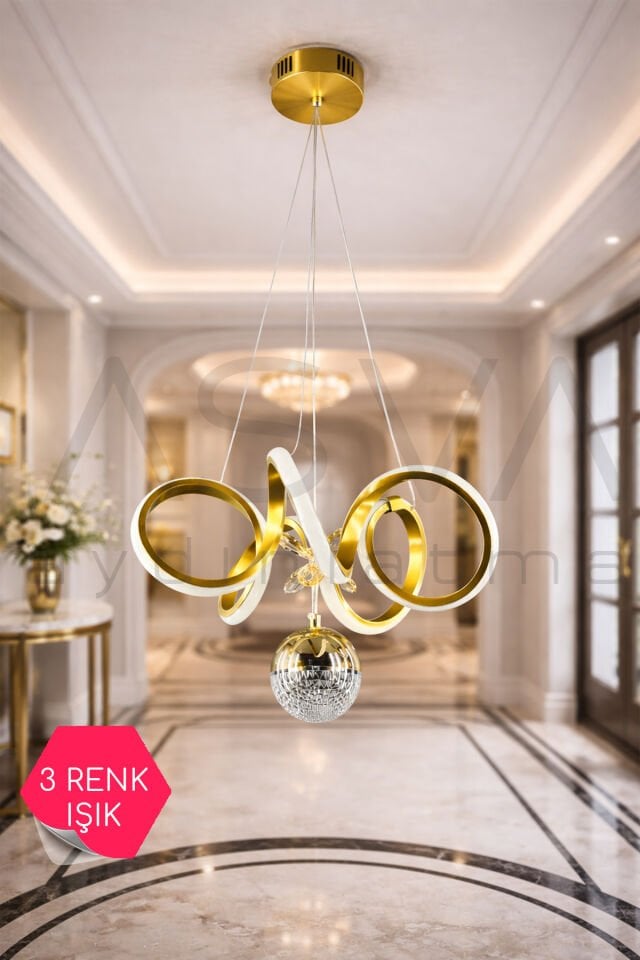 Toplu Modern Salon LED Avizesi Eskitme Gold Üç Renk Işık Dekoratif Halka Avize