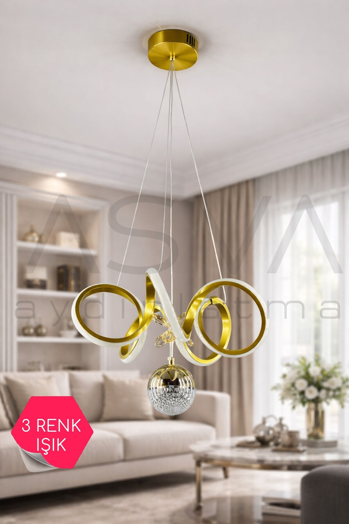 Toplu Modern Salon LED Avizesi Eskitme Gold Üç Renk Işık Dekoratif Halka Avize
