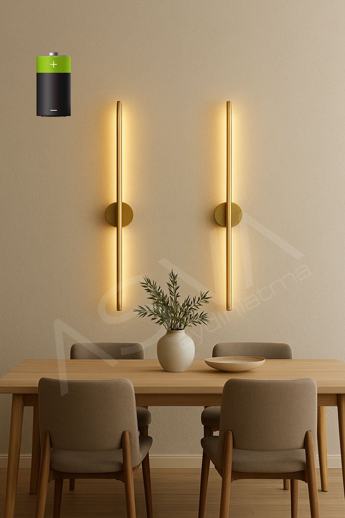 2 Li 70 cm Ortadan Taslı Pilli Aplik Günışığı Led Eskimte Altın Kasa Pil Dahil, Ledli Duvar Lambası