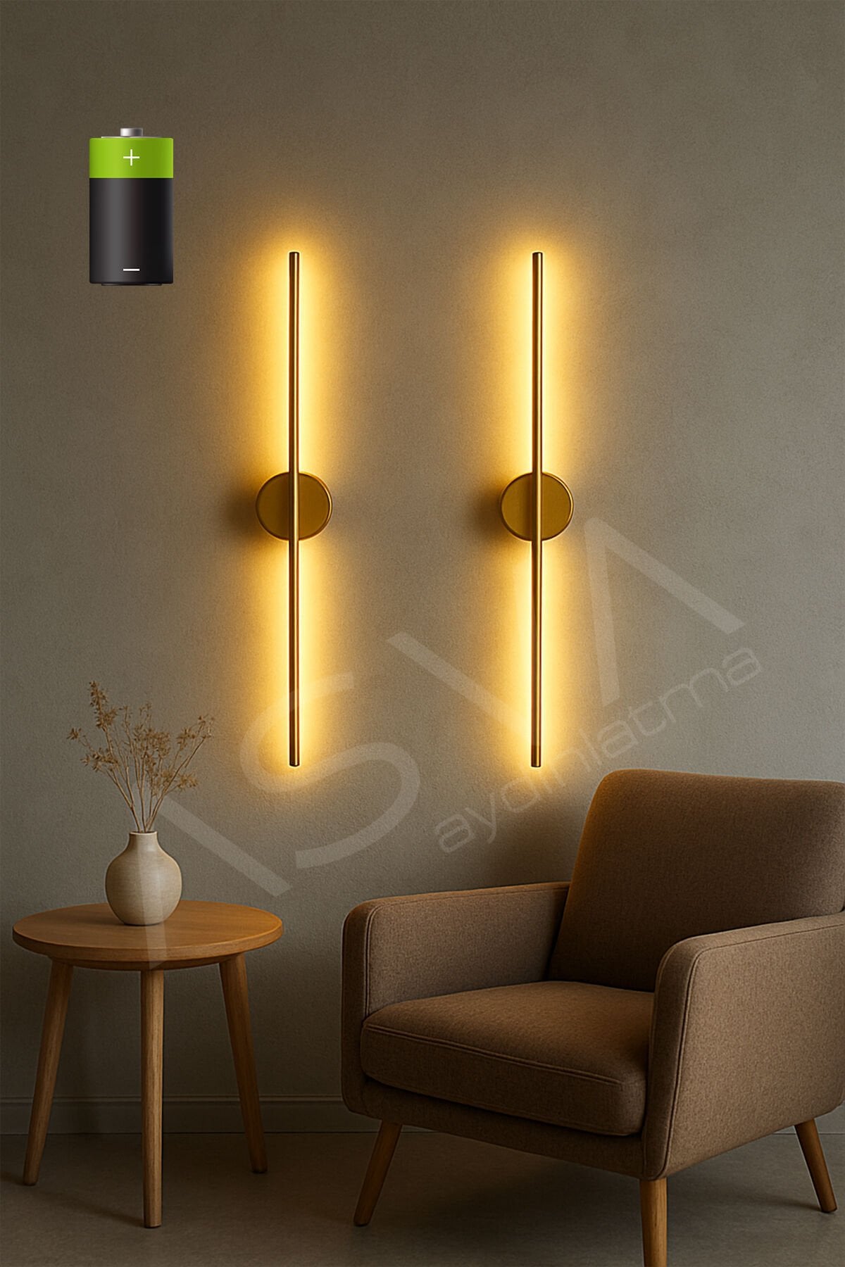 2 Li 70 cm Ortadan Taslı Pilli Aplik Günışığı Led Eskitme Gold Kasa Pil Dahil, Modern Duvar Lambası