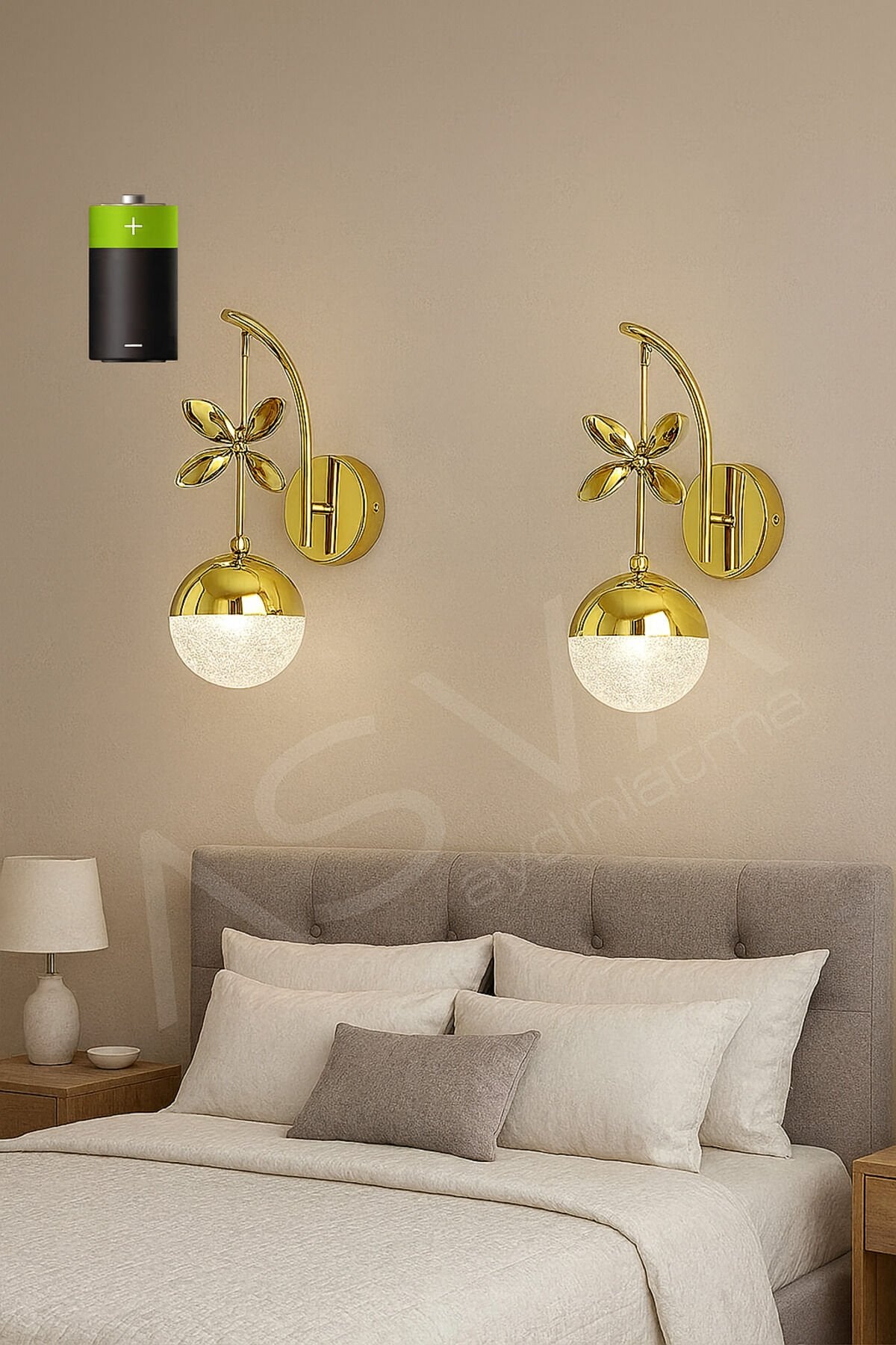 2 Adet Kelebekli Tasarımlı Pilli Günışığı Led Duvar Apliği – Modern Dekoratif Gold Duvar Lambası