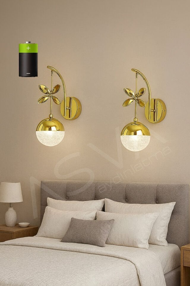2 Adet Kelebekli Tasarımlı Pilli Günışığı Led Duvar Apliği – Modern Dekoratif Gold Duvar Lambası