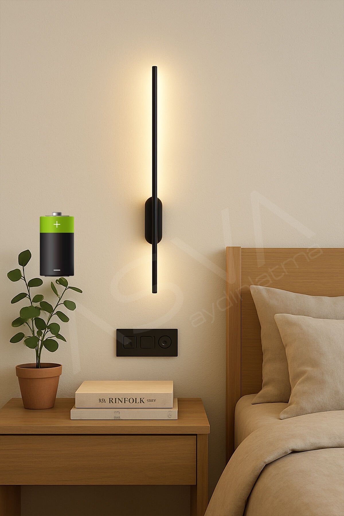 Modern Pilli Aplik Tak Çalıştır Kablosuz Ledli Aplik Siyah Pil Dahildir 70cm