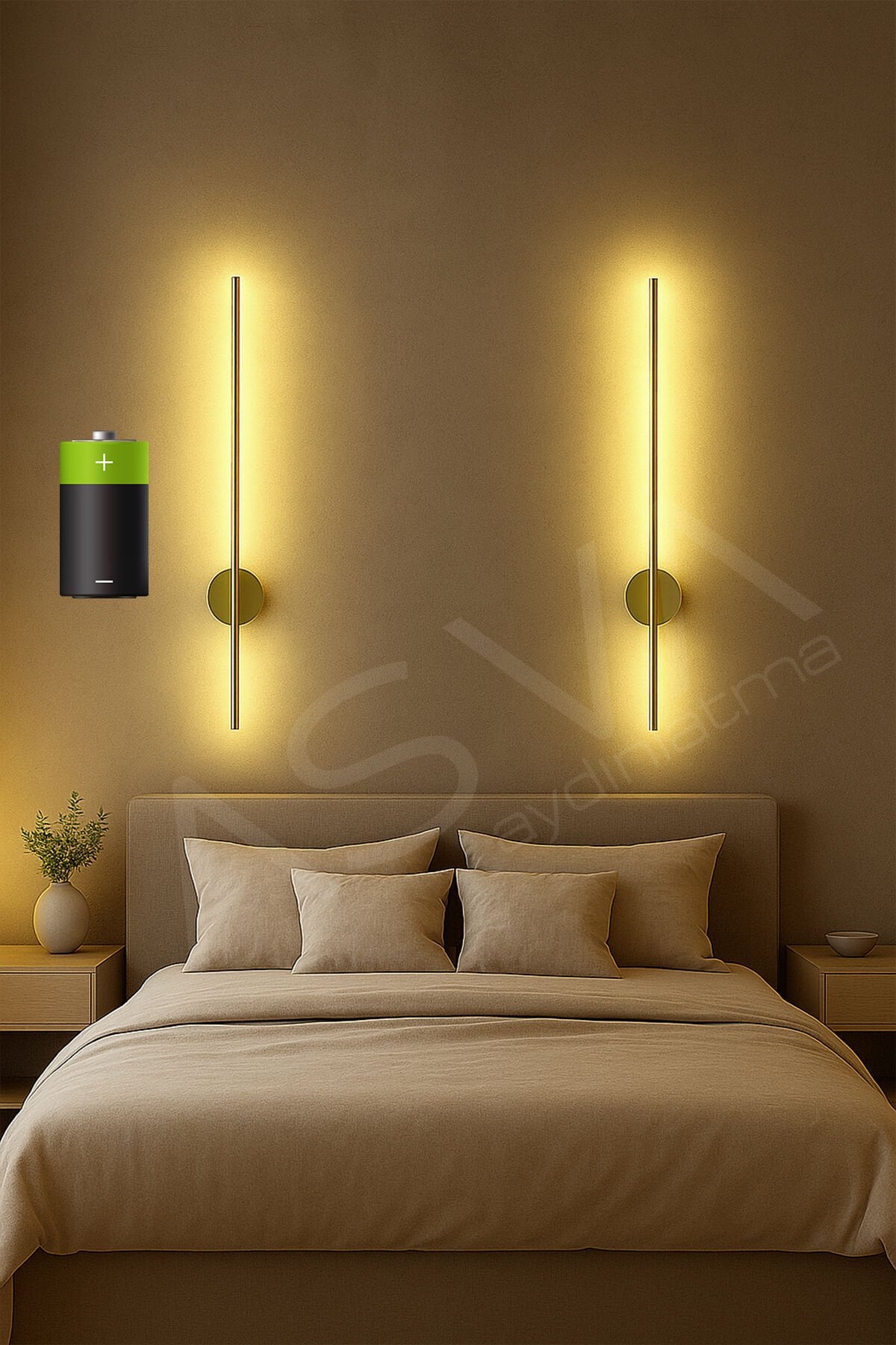 70 cm Eskitme Gold 2’li Pilli LED Aplik – Kablosuz, Günışığı, Dekoratif Duvar Lambası Pil Dahildir
