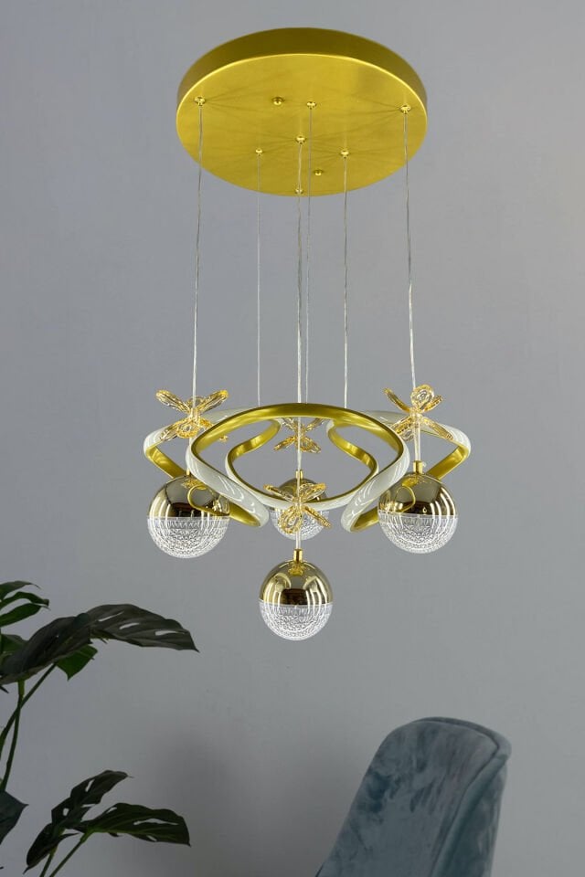 Eskitme Gold Dron 4 Toplu Modern 3 Renk Işıklı Led Avize