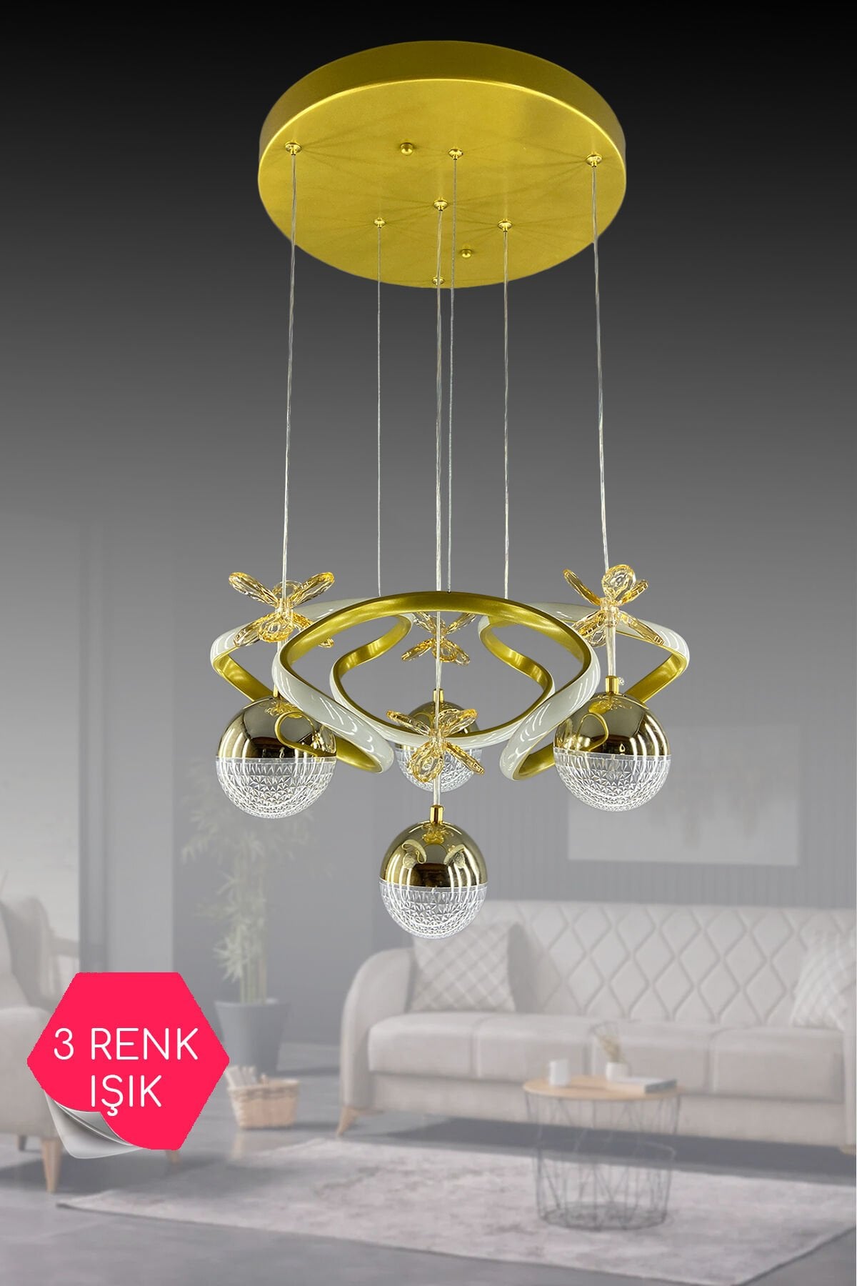 Eskitme Gold Dron 4 Toplu Modern 3 Renk Işıklı Led Avize