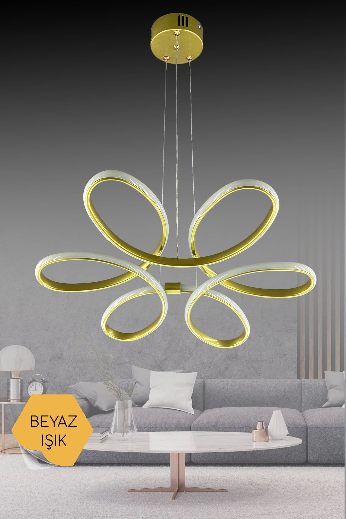 Gold Papatya Tasarımlı LED Sarkıt Avize - 6500K Beyaz Işık, 60W