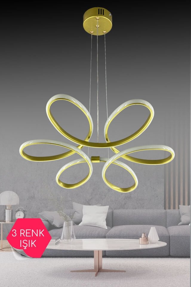 Gold Papatya Tasarımlı LED Sarkıt Avize - 3 Renk, 60W