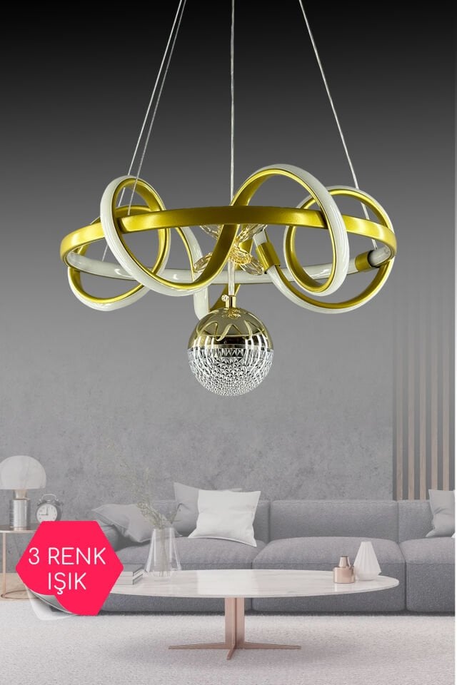Gold Çemberli Kıvrım 3 Renk Ledli Salon Avizesi