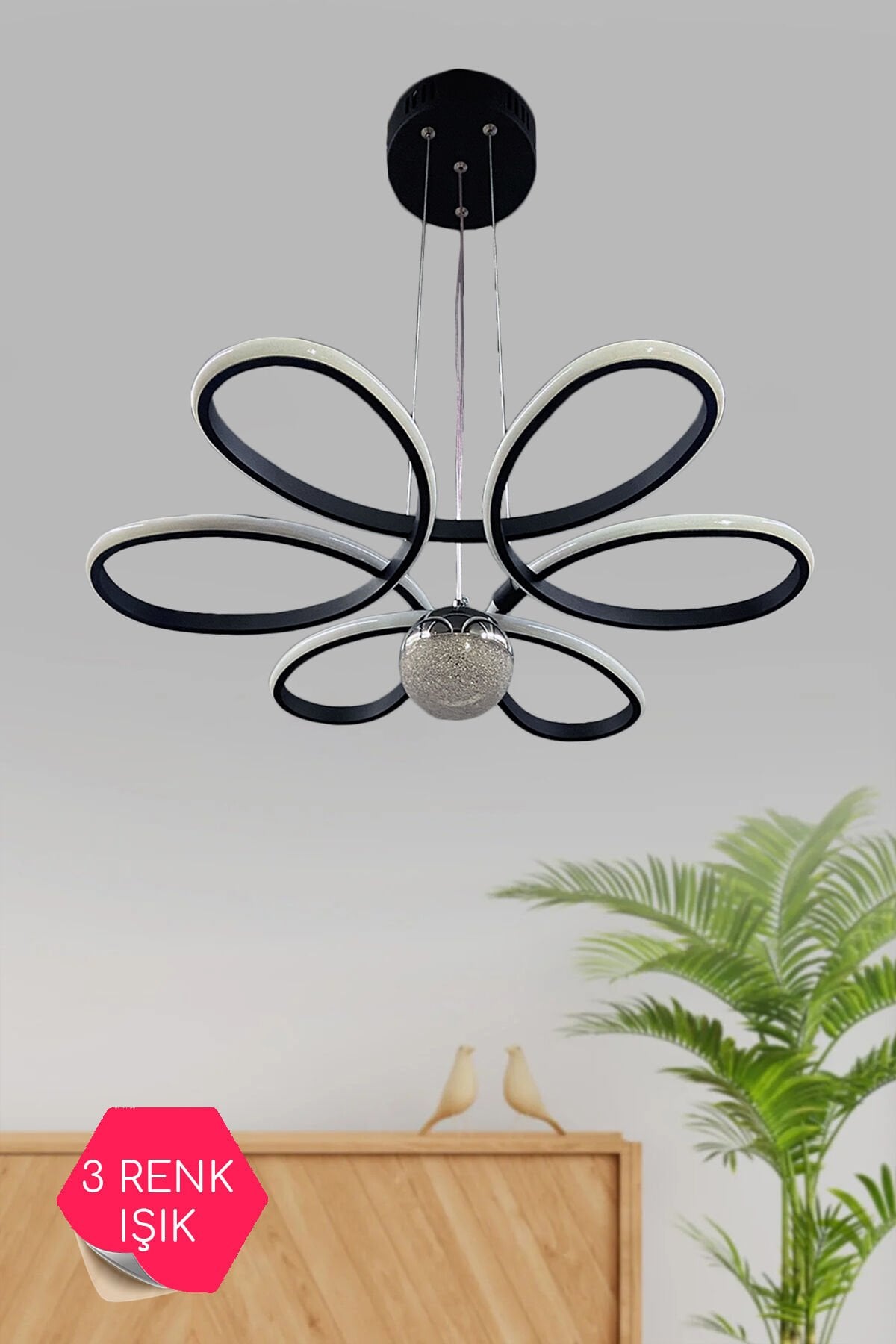 Siyah Papatya Modern Sarkıt Toplu 3 Renk Işıklı Led Avize