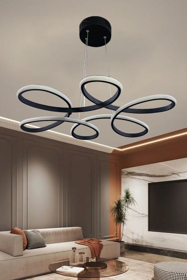 Siyah Papatya Modern Sarkıt 3 Renk Işıklı Led Avize