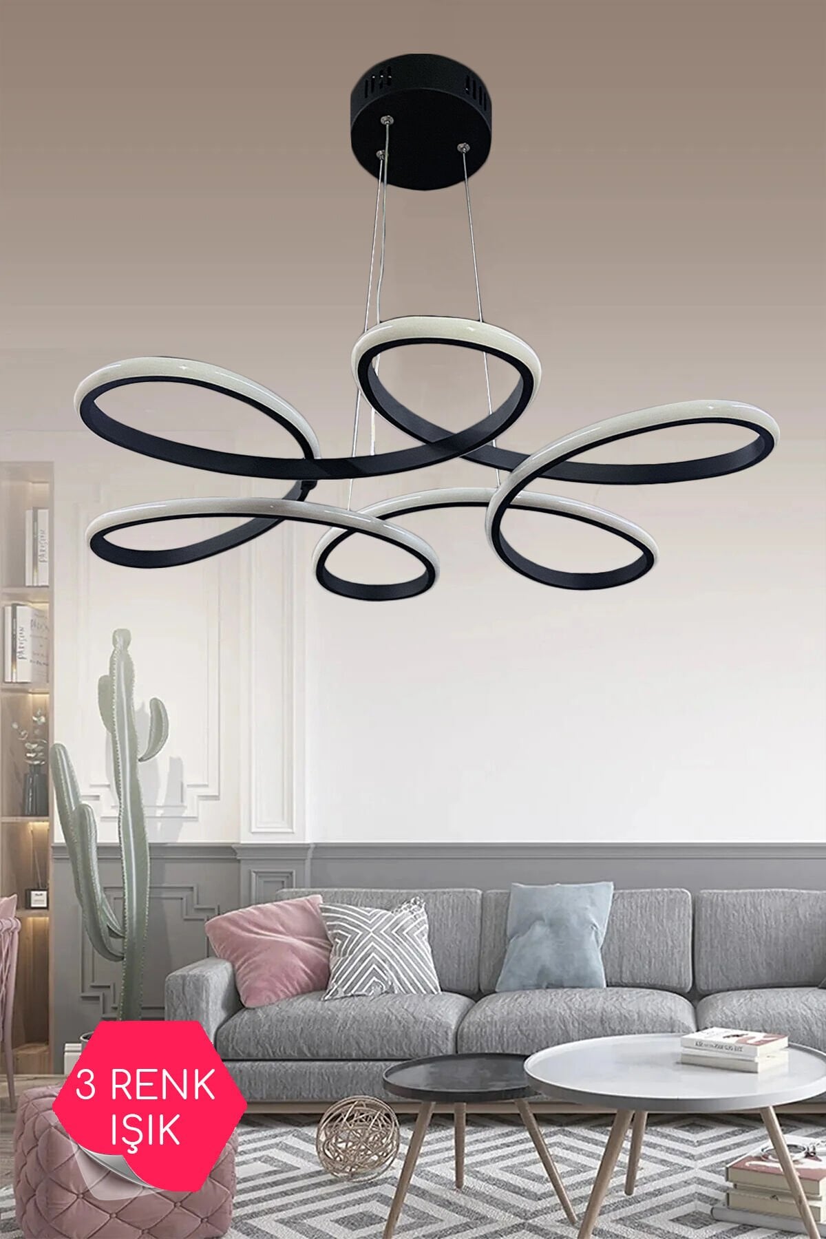 Siyah Papatya Modern Sarkıt 3 Renk Işıklı Led Avize