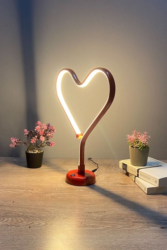 Kırmızı Kalp Modern Günışığı Ledli Masa Lambası Abajur Gold