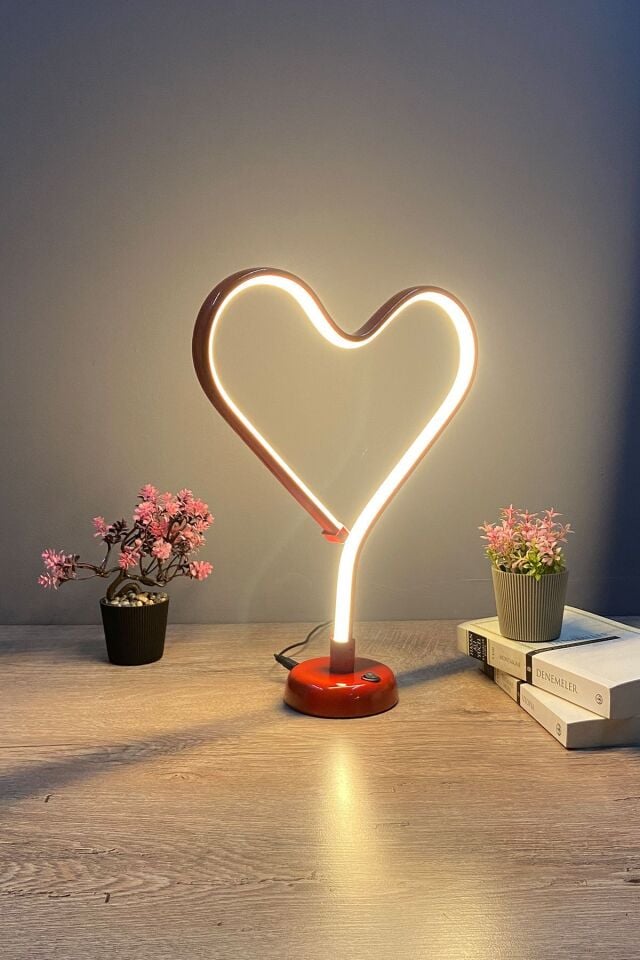 Kırmızı Kalp Modern Günışığı Ledli Masa Lambası Abajur Gold