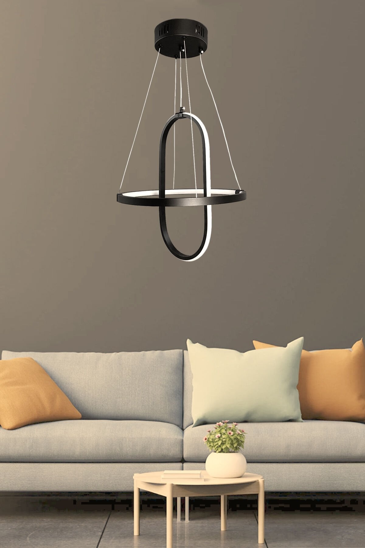 Siyah Modern Sarkıt Elips Beyaz Ledli Avize
