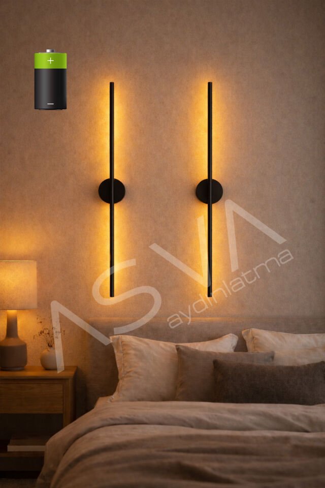 2 Li 70 cm Ortadan Taslı Pilli Aplik Amber Led Siyah Kasa Pil Dahil, Dekoratif Duvar Lambası Siyah