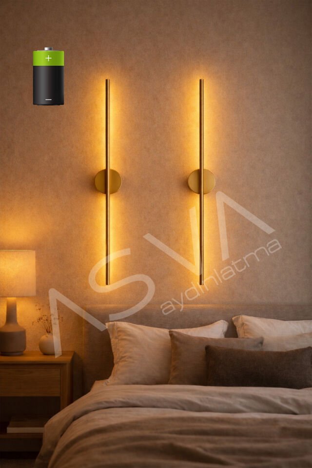 2 Li 70 cm Ortadan Taslı Pilli Aplik Amber Led Siyah Kasa Pil Dahil, Dekoratif Duvar Lambası Eskitme Gold