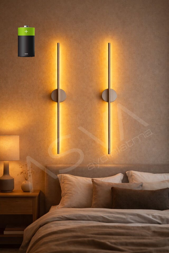 2 Li 70 cm Ortadan Taslı Pilli Aplik Amber Led Siyah Kasa Pil Dahil, Dekoratif Duvar Lambası KROM
