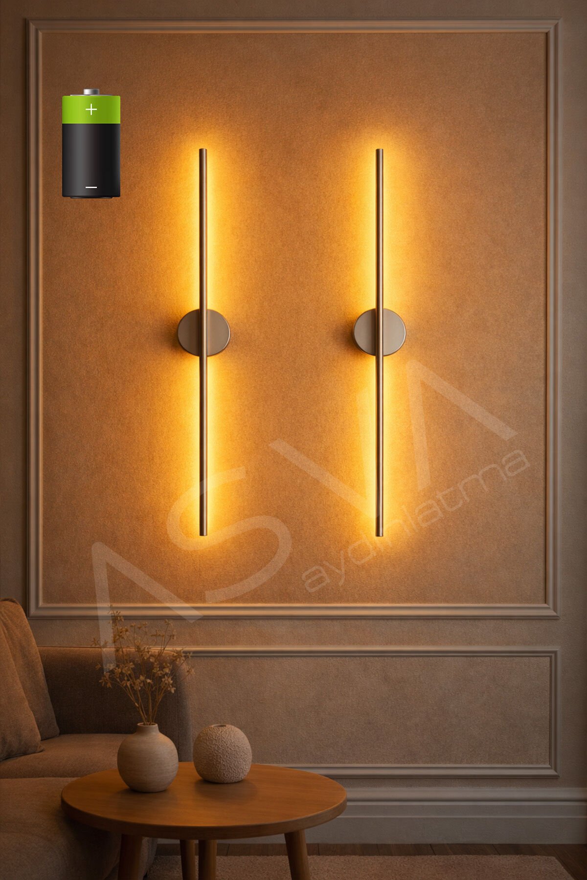 2 Li 70 cm Ortadan Taslı Pilli Aplik Amber Led Siyah Kasa Pil Dahil, Dekoratif Duvar Lambası KROM