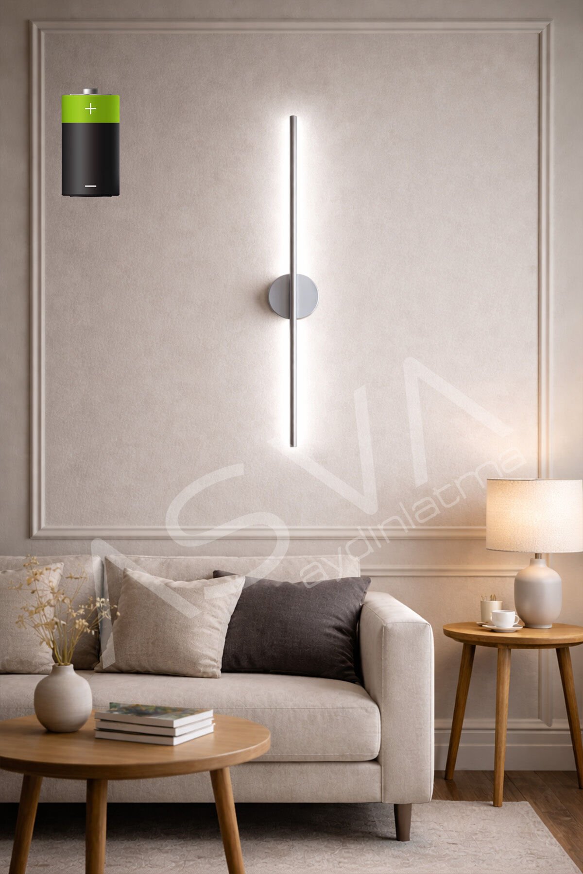Siyah Modern Dekoratif Pilli Aç-Kapa BEYAZ Led 70Cm Aplik Pil Dahildir Krom