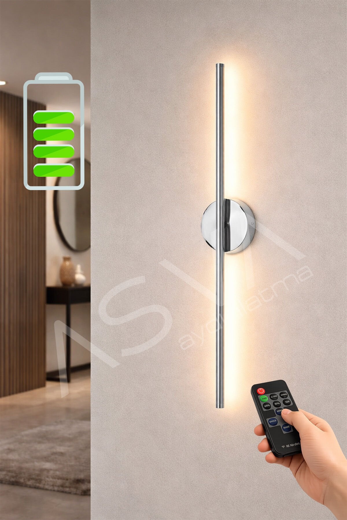 Eskitme Gold Şarjlı LED Aplik 68 cm Kumandalı Duvar Apliği Ayarlanabilir Işık Dekoratif Aydınlatma KROM