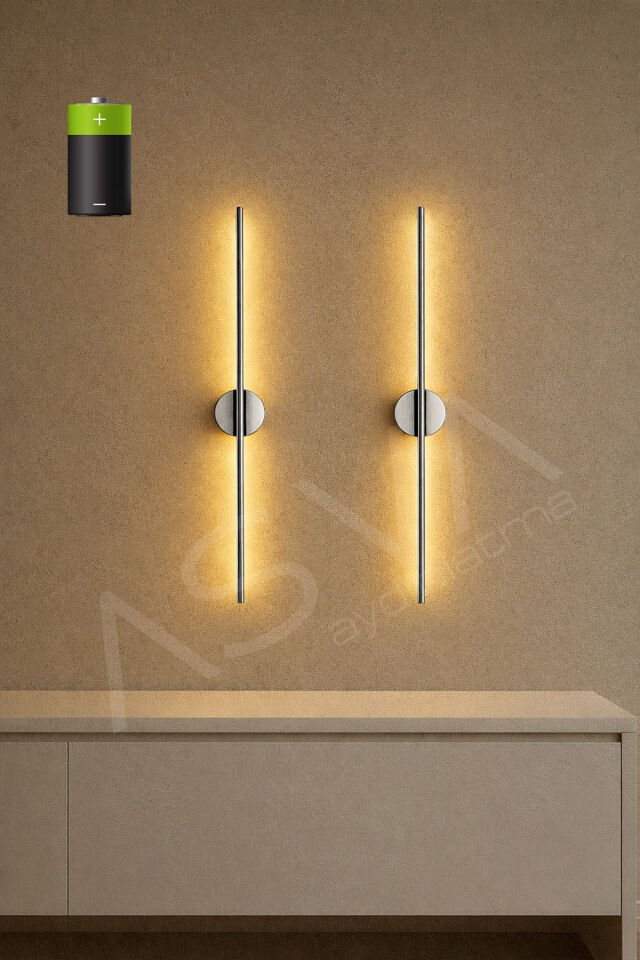 2 Li 70 cm Ortadan Taslı Pilli Aplik Günışığı Led Krom Kasa Pil Dahil, Dekoratif Duvar Lambası Gümüş