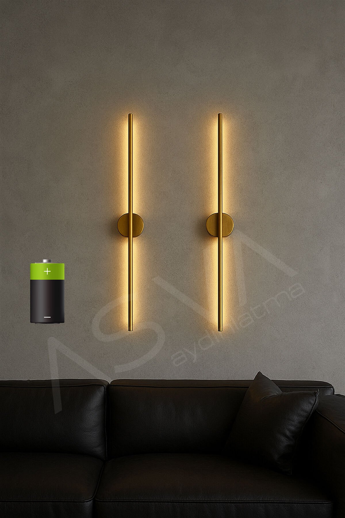 2 Li 70 cm Ortadan Taslı Pilli Aplik Günışığı Led Krom Kasa Pil Dahil, Dekoratif Duvar Lambası Eskitme Gold